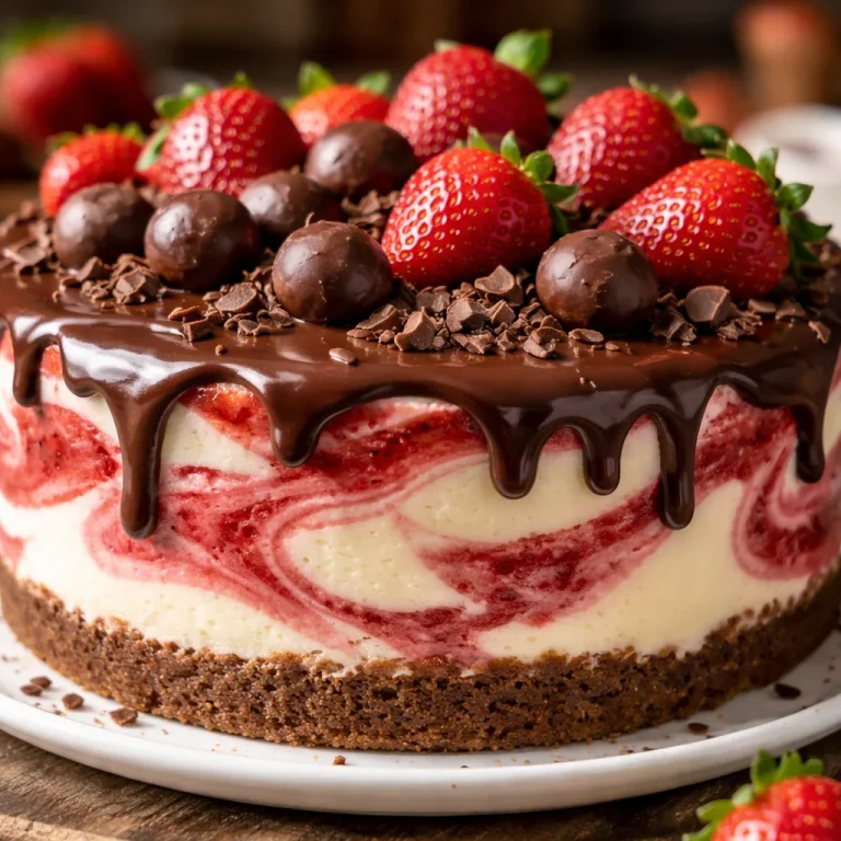 Chocolate strawberry swirl cheesecake with creamy layers and fresh strawberry topping