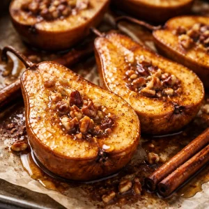 Cinnamon maple baked pears served as a delicious dessert.