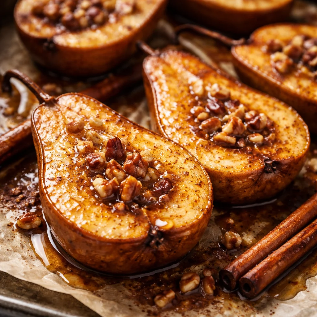 Cinnamon maple baked pears served as a delicious dessert.