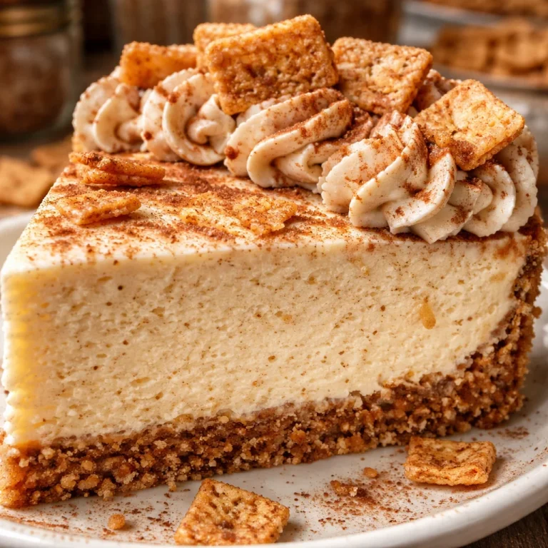 Delicious slice of Cinnamon Toast Crunch Cheesecake with crunchy topping