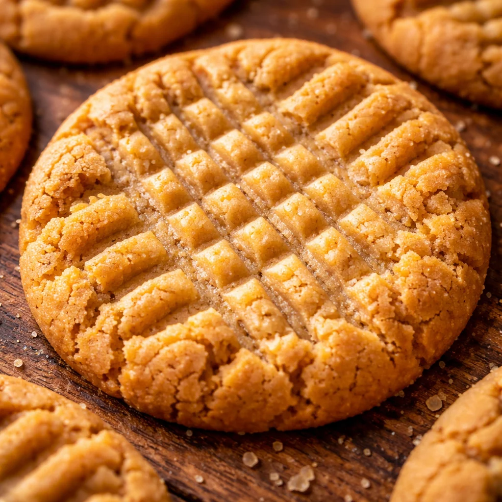Classic peanut butter cookies on a cooling rack with crumbs