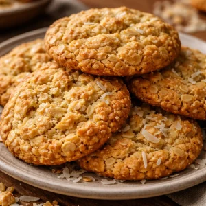 Freshly baked Coconut Oatmeal Cookies on a rustic wooden table.