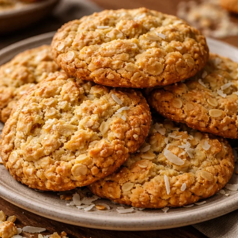 Freshly baked Coconut Oatmeal Cookies on a rustic wooden table.