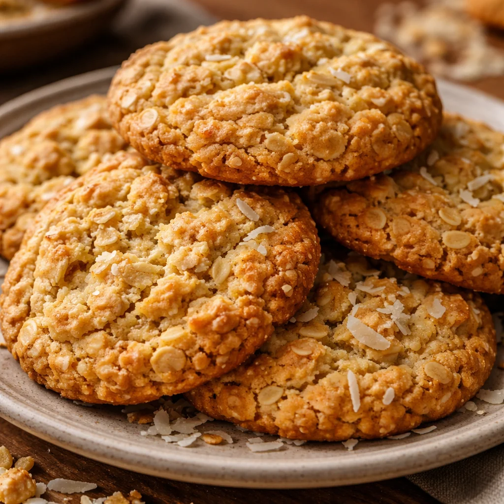 Freshly baked Coconut Oatmeal Cookies on a rustic wooden table.
