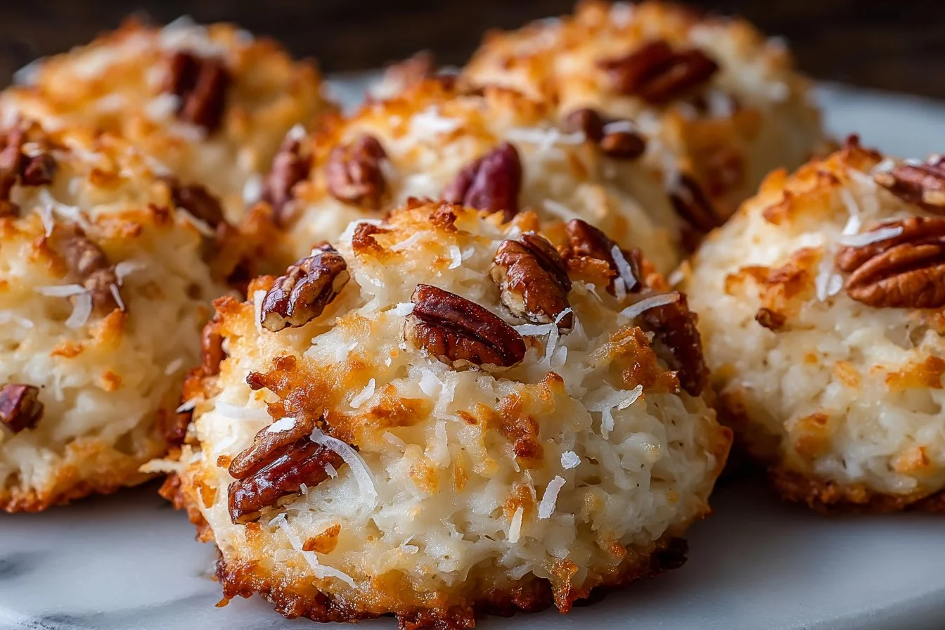 Delicious homemade Coconut Pecan Cookies with coconut flakes and pecans