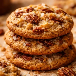 Close-up of fresh-baked Coconut Pecan Cookies with coconut flakes and pecans