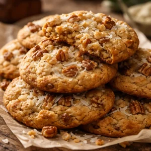 Homemade Coconut Pecan Cookies displayed on a plate
