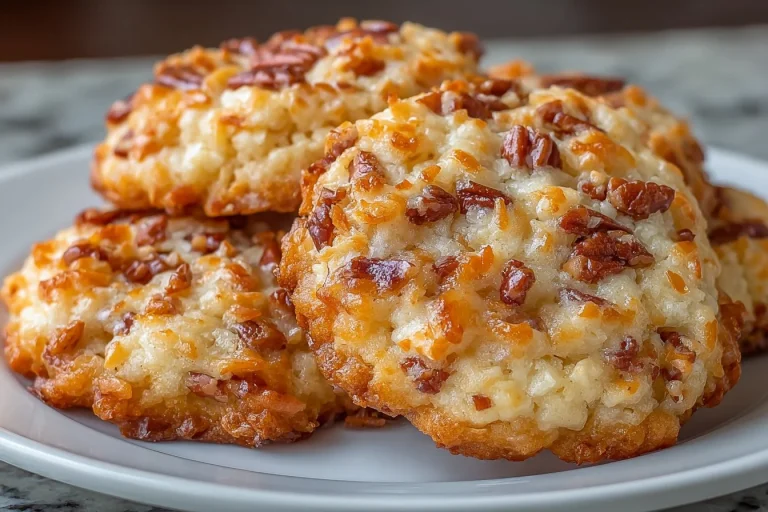 Freshly baked Coconut Pecan Toffee Cookies on a rustic plate