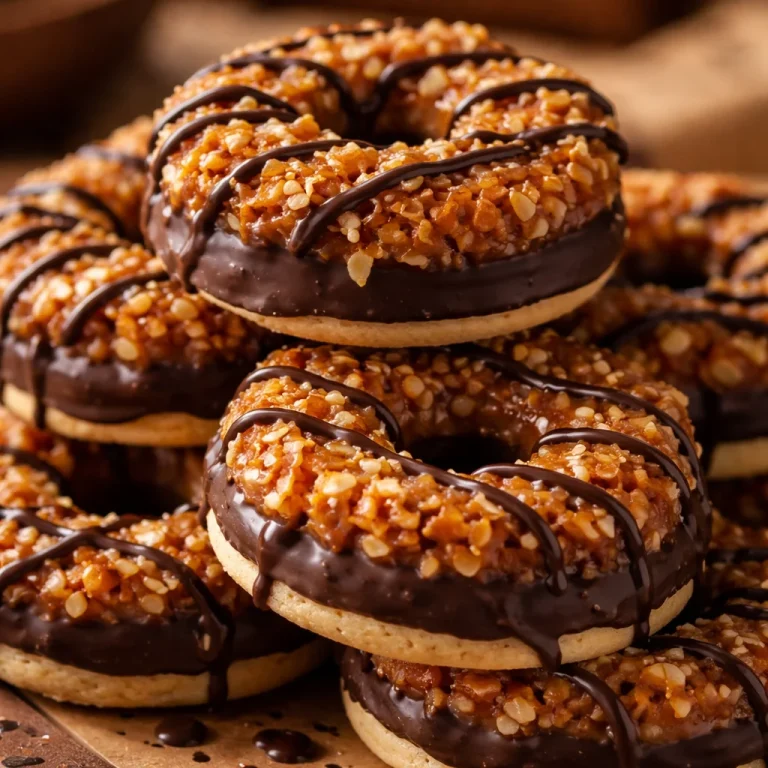 Homemade Copycat Samoas Cookies topped with chocolate and caramel