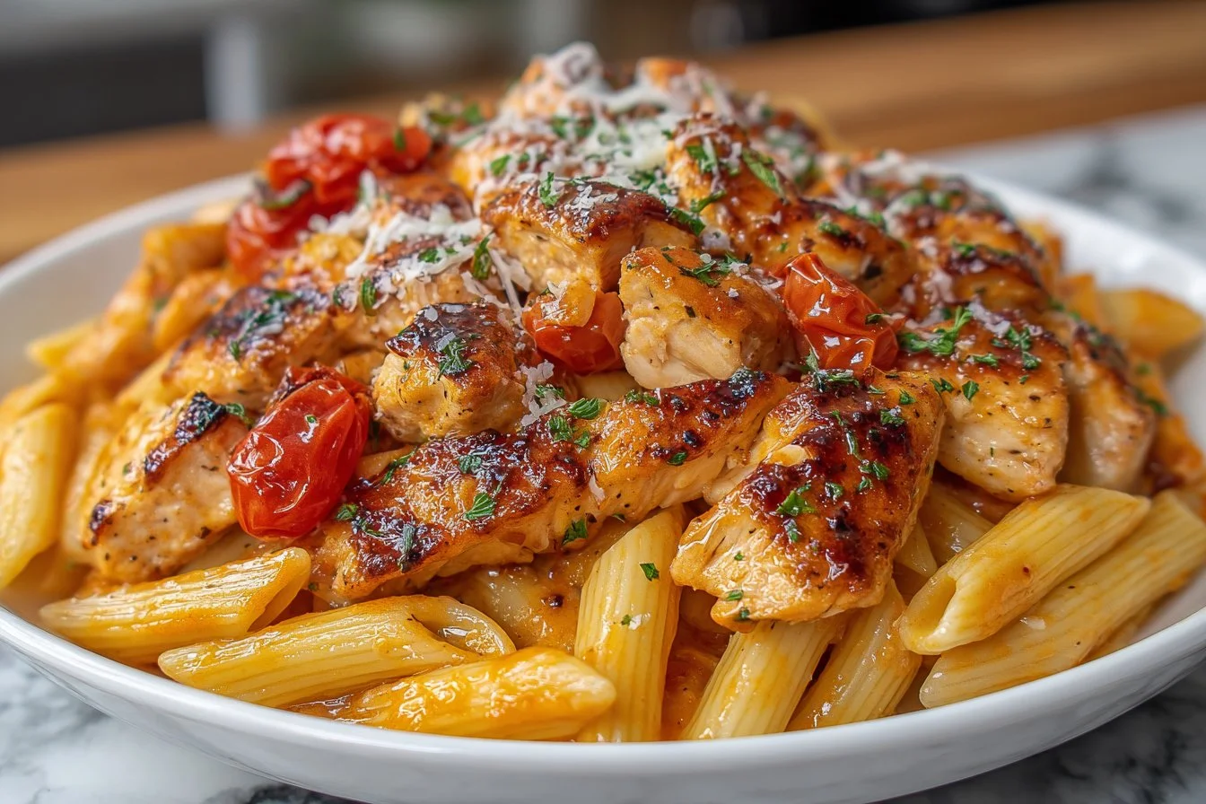Creamy Crack Chicken Penne dish topped with herbs