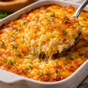 Cracker Barrel hash brown casserole topped with cheese and baked until golden brown