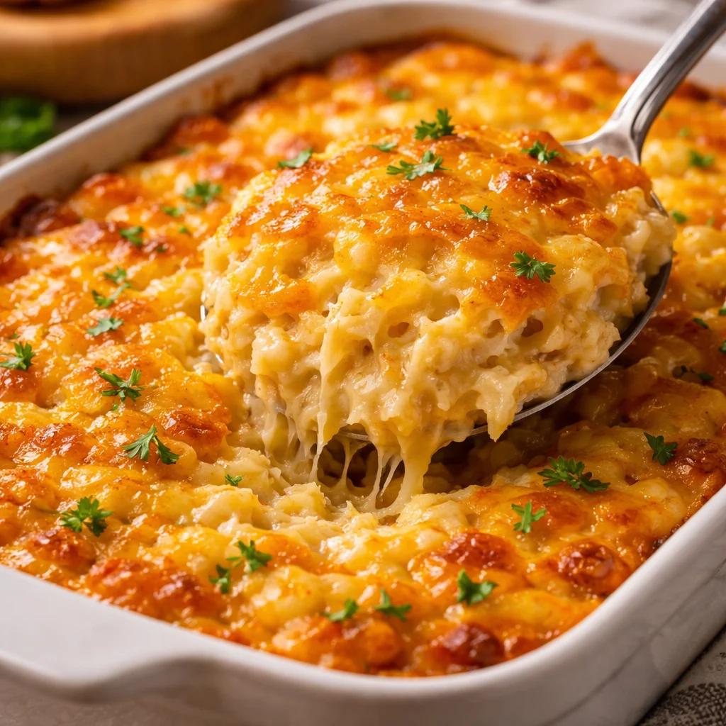 Cracker Barrel hash brown casserole topped with cheese and baked until golden brown