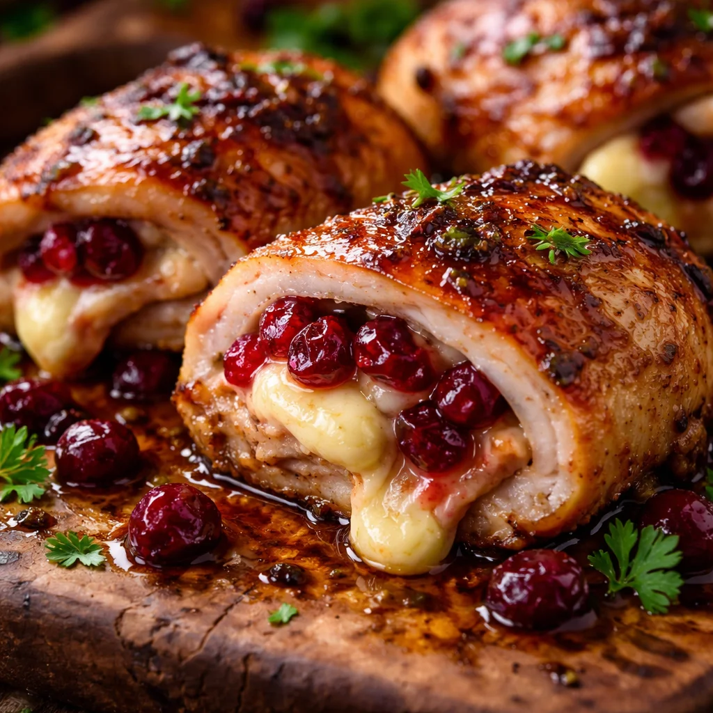 Cranberry and brie stuffed chicken breast dish garnished with herbs