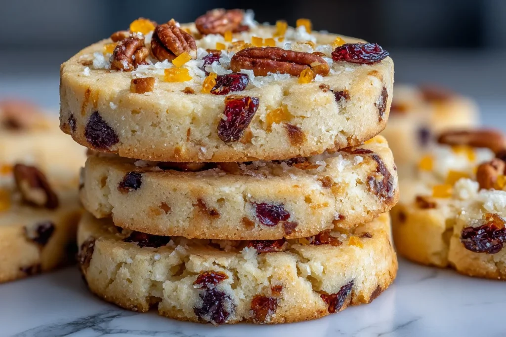 Cranberry Orange Shortbread Cookies on a rustic wooden table