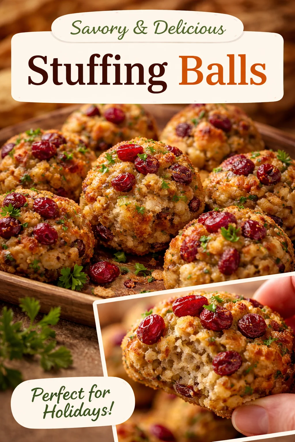 Cranberry and turkey stuffing balls ready to serve for a festive meal.