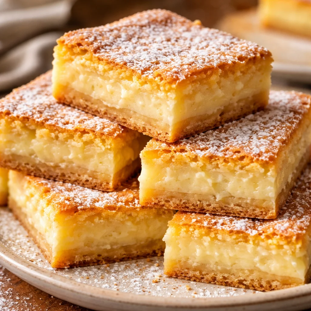 Delicious cream cheese bars cut into squares on a plate.