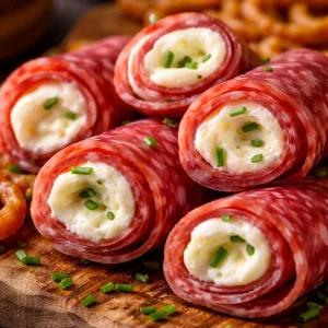Cream cheese salami roll ups displayed on a platter, perfect appetizer
