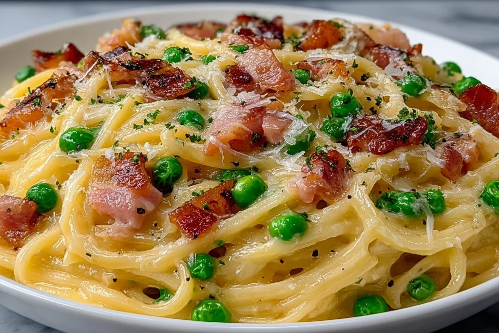 Creamy bacon and pea carbonara dish with fresh ingredients