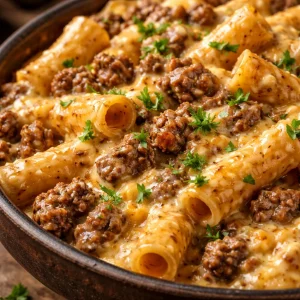 Creamy beef pasta bake with cheese and herbs, perfect for comforting family meals.