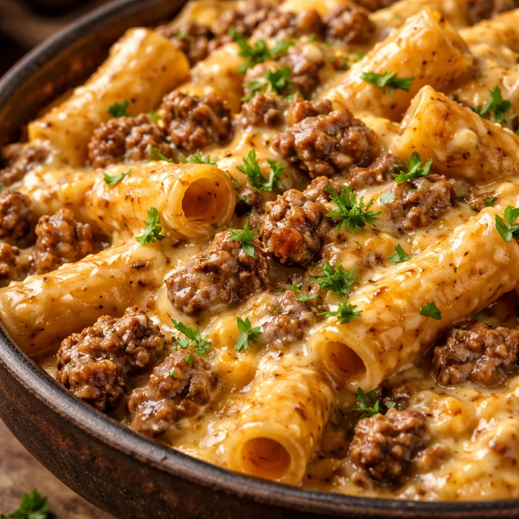 Creamy beef pasta bake with cheese and herbs, perfect for comforting family meals.