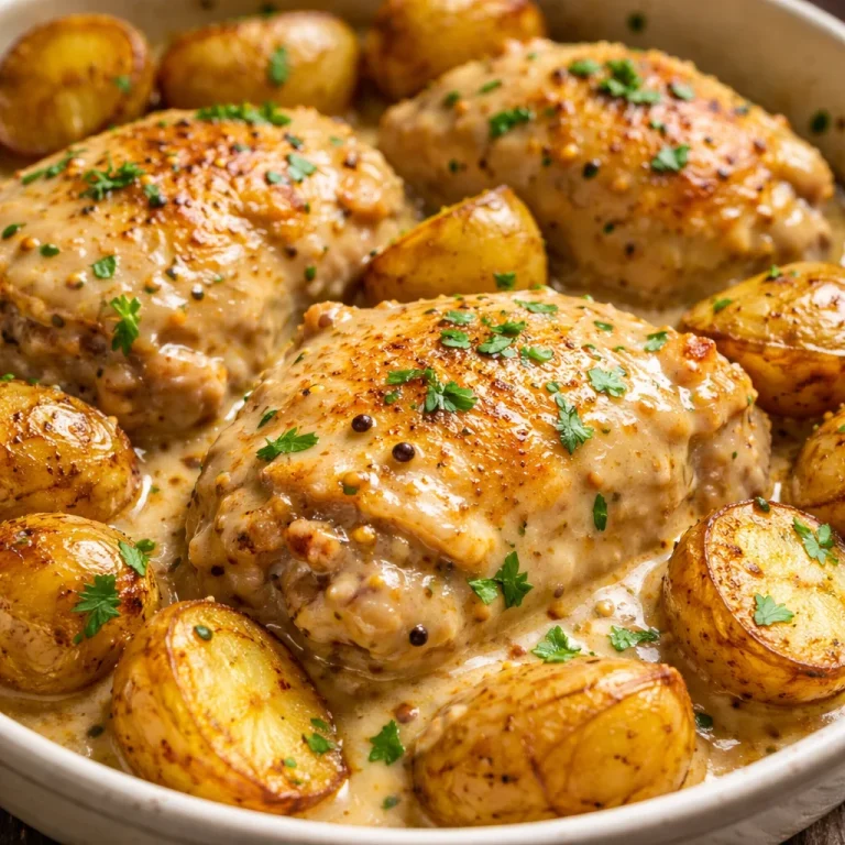 Creamy chicken and potatoes dinner recipe with rich sauce and seasonings