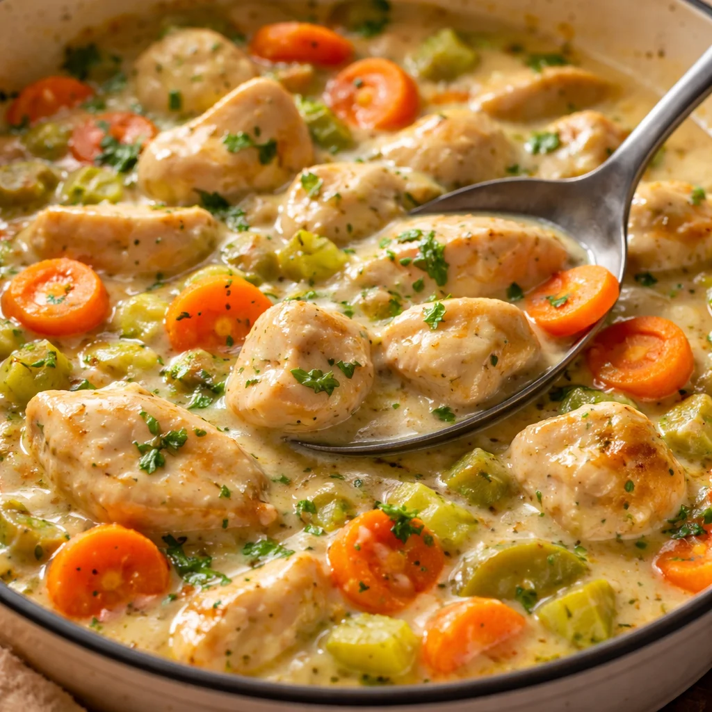 Creamy chicken casserole served in a baking dish with fresh herbs garnish