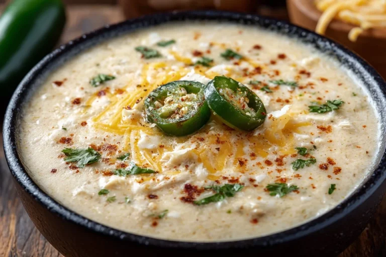 Bowl of creamy Chile Relleno Soup topped with cheese and garnished with fresh herbs.