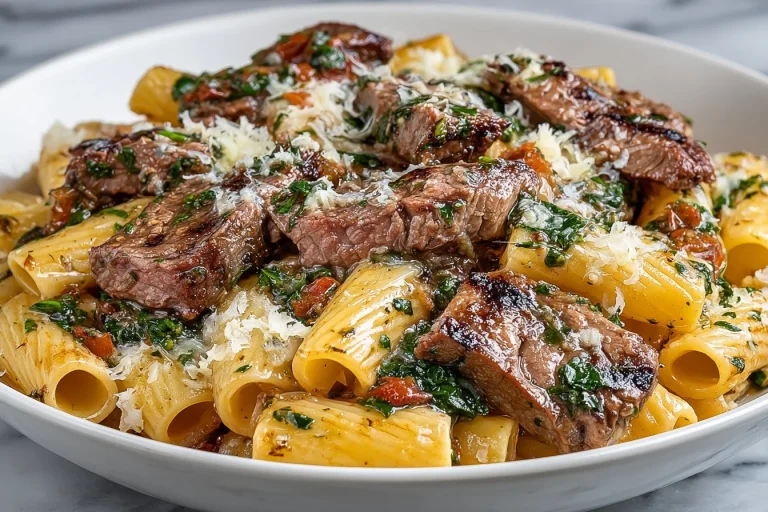 Creamy garlic butter steak rigatoni topped with parsley and grated cheese