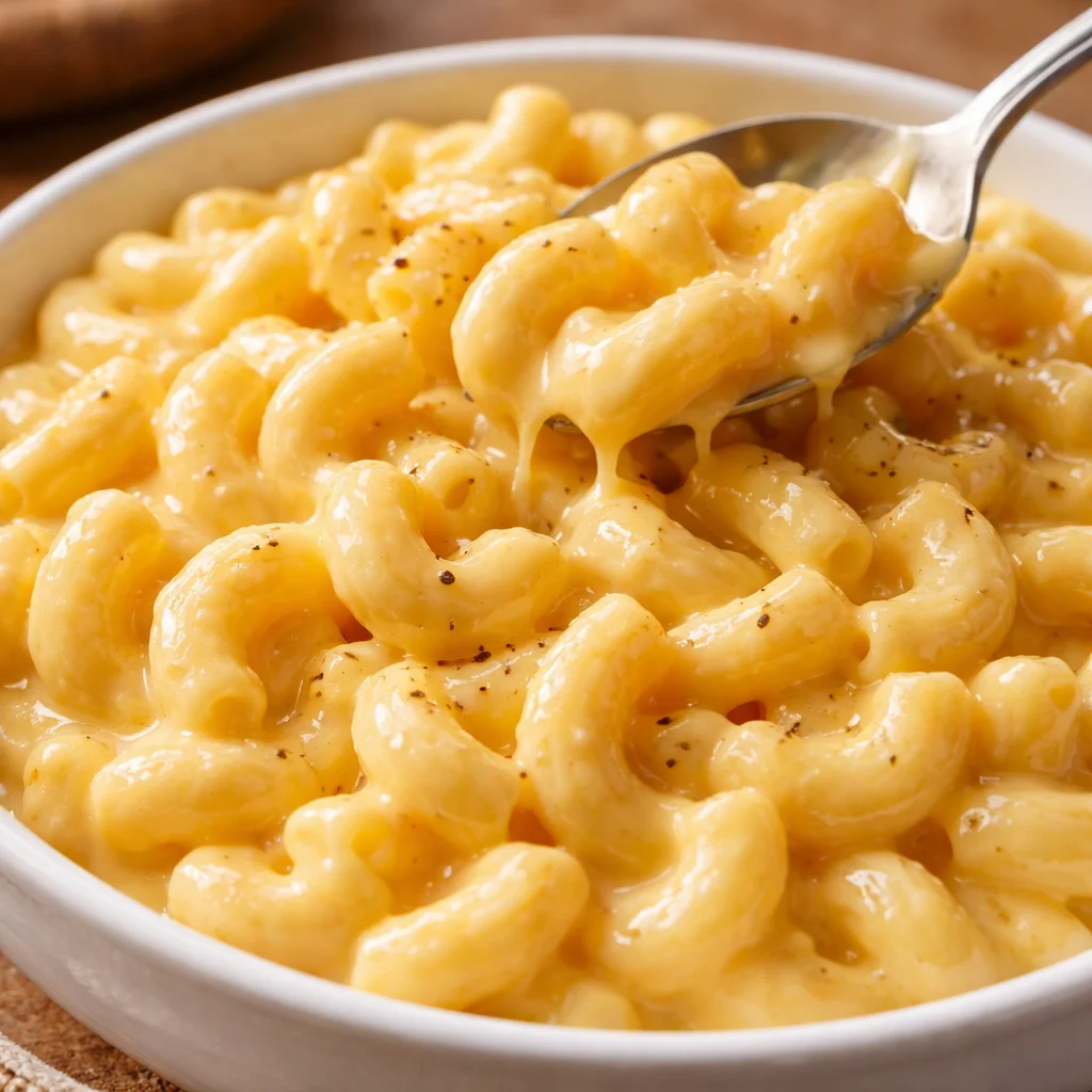Creamy mac and cheese served in a bowl with a sprinkle of cheese on top