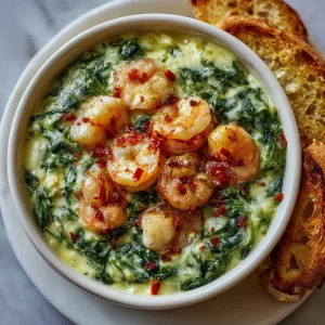 Creamy seafood spinach dip served in a decorative bowl with fresh ingredients