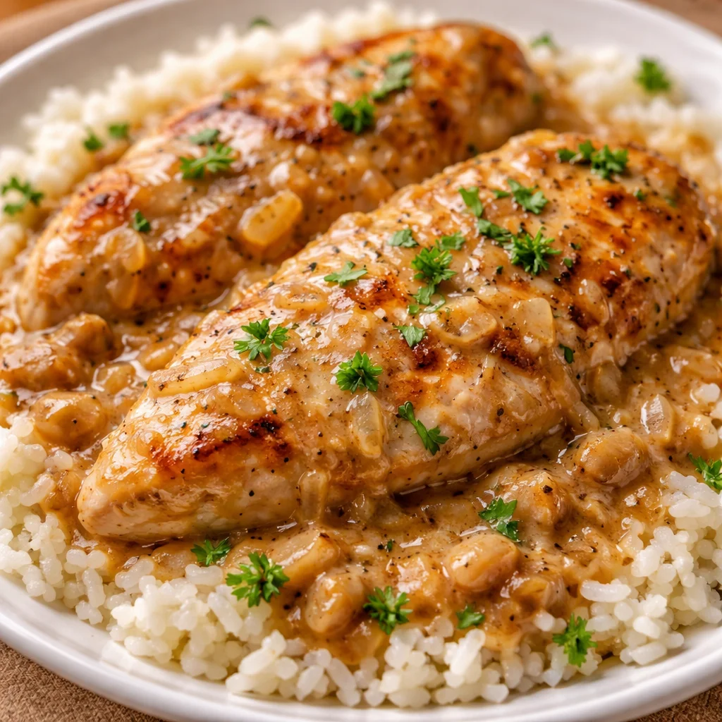 Creamy smothered chicken served with rice in a delicious sauce