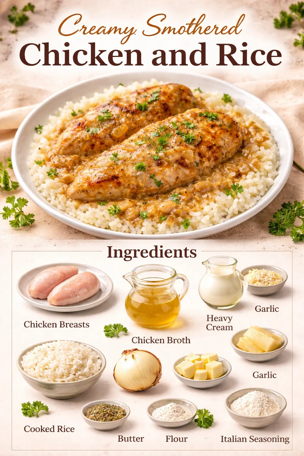 Creamy Smothered Chicken and Rice Recipes | Dinner Recipes | Fast Dinner Recipes, Chicken Dishes Recipes, Chicken Breast Recipes