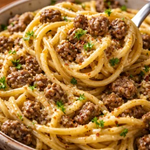 Delicious creamy spaghetti with ground beef served in a bowl