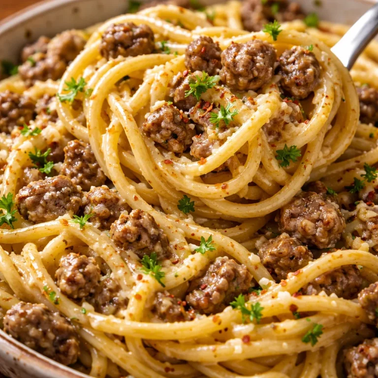 Delicious creamy spaghetti with ground beef served in a bowl