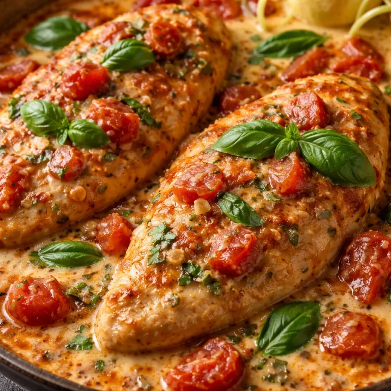 Creamy Tomato Basil Chicken Breasts garnished with fresh basil on a plate