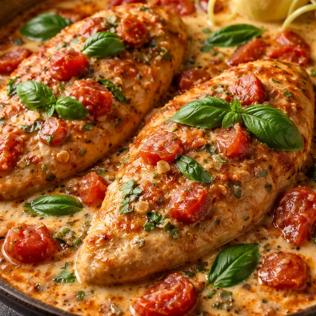 Creamy Tomato Basil Chicken Breasts garnished with fresh basil on a plate