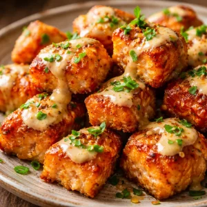 Crispy bang bang salmon bites served on a plate, garnished for flavor