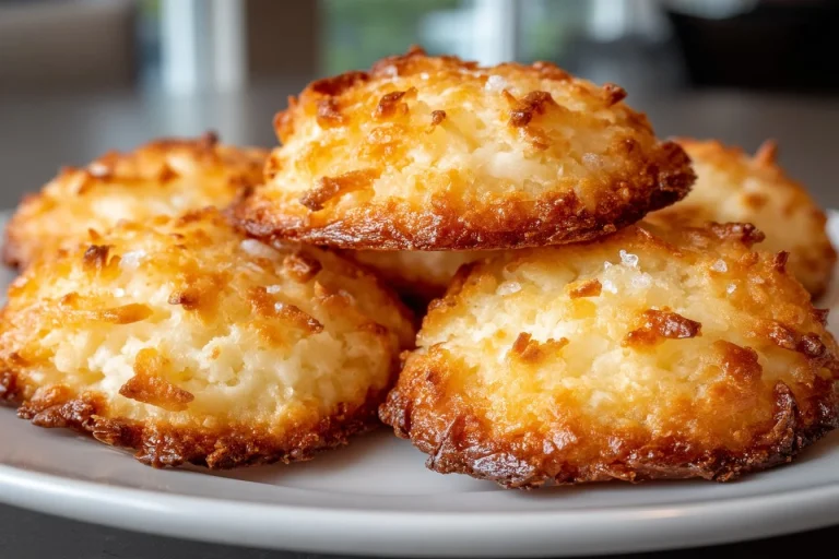 Crispy salted coconut cookies with a golden brown texture and flaky coconut flakes