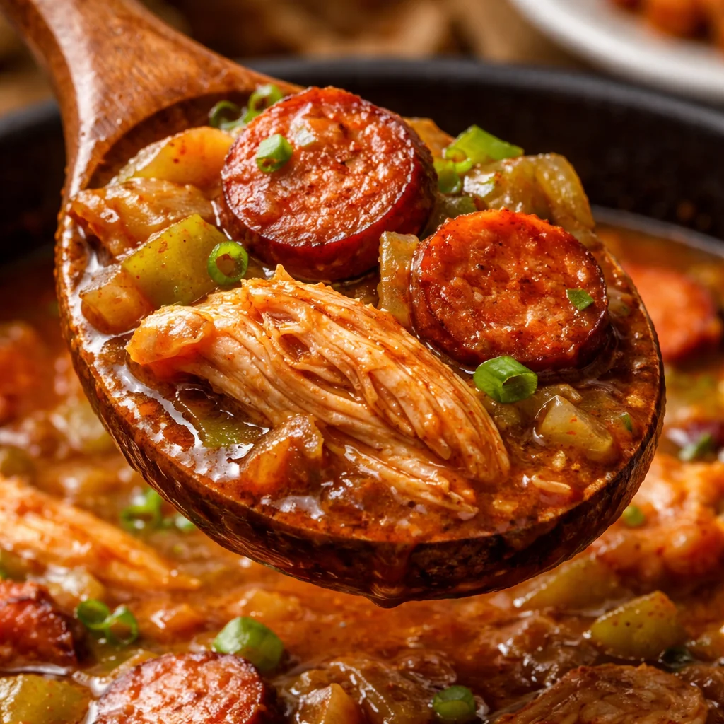 Crock pot chicken and sausage gumbo served in a bowl with rice and herbs