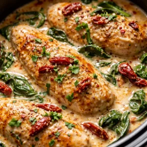 Delicious crock pot creamy Tuscan garlic chicken served in a bowl