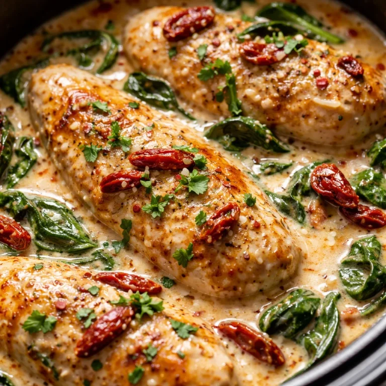 Delicious crock pot creamy Tuscan garlic chicken served in a bowl