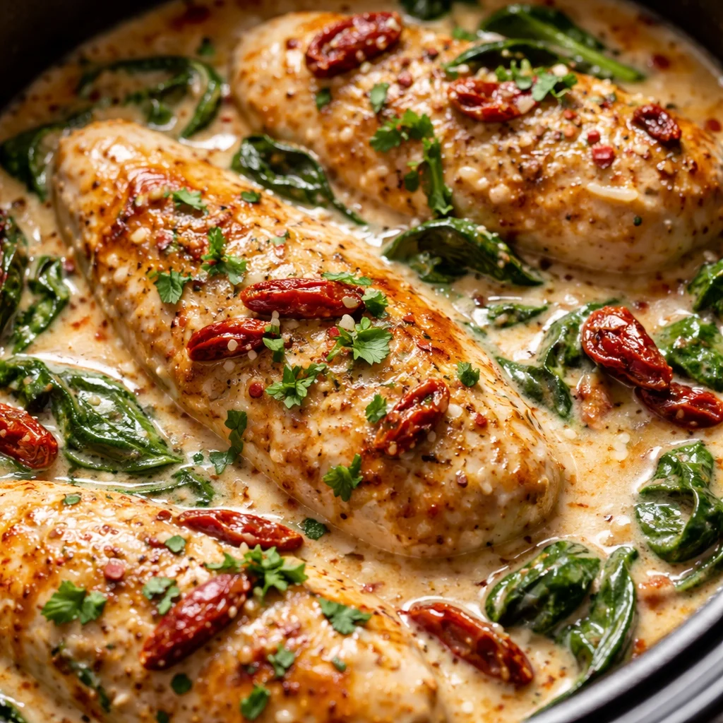 Delicious crock pot creamy Tuscan garlic chicken served in a bowl