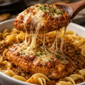 Crock Pot French Onion Chicken with melted cheese and caramelized onions