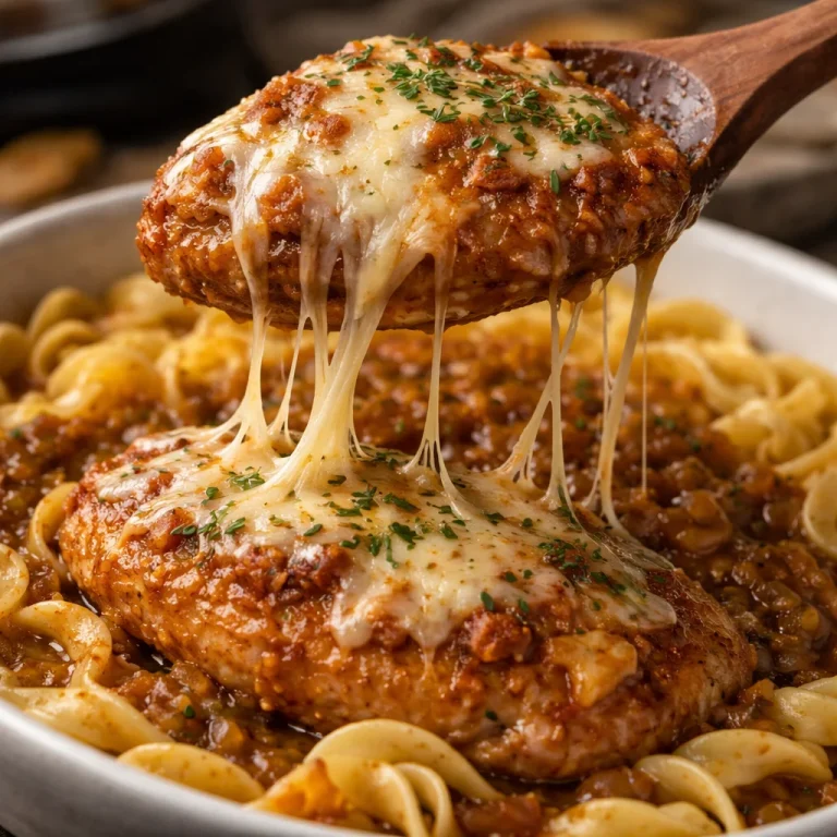 Crock Pot French Onion Chicken with melted cheese and caramelized onions