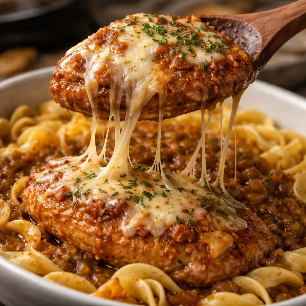 Crock Pot French Onion Chicken with melted cheese and caramelized onions