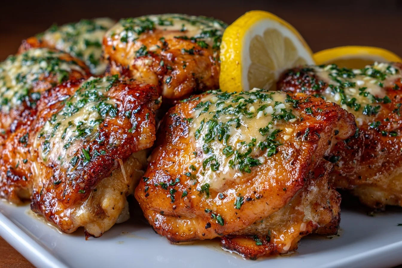 Crock Pot lemon garlic butter chicken thighs served with herbs
