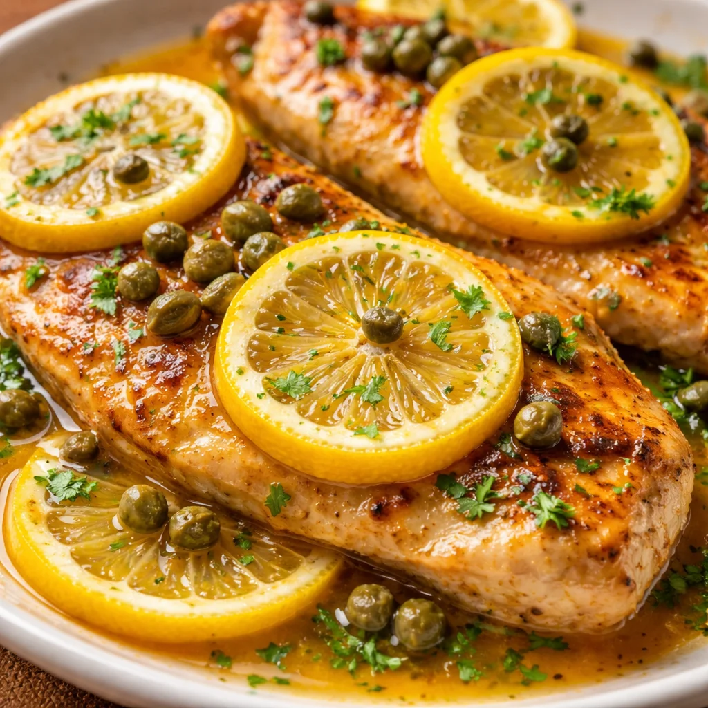 Crock Pot Lemony Chicken Piccata garnished with parsley and lemon slices.