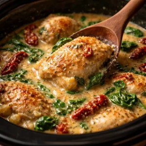 Crock-Pot Tuscan Chicken Thighs served with vegetables and herbs