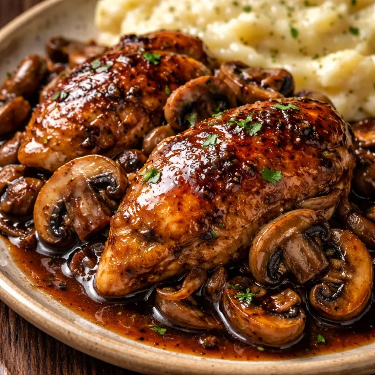 Crockpot Balsamic Chicken with Mushrooms serving on a plate
