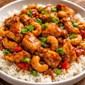 Delicious Crockpot Cashew Chicken served with rice and garnished with cashews.